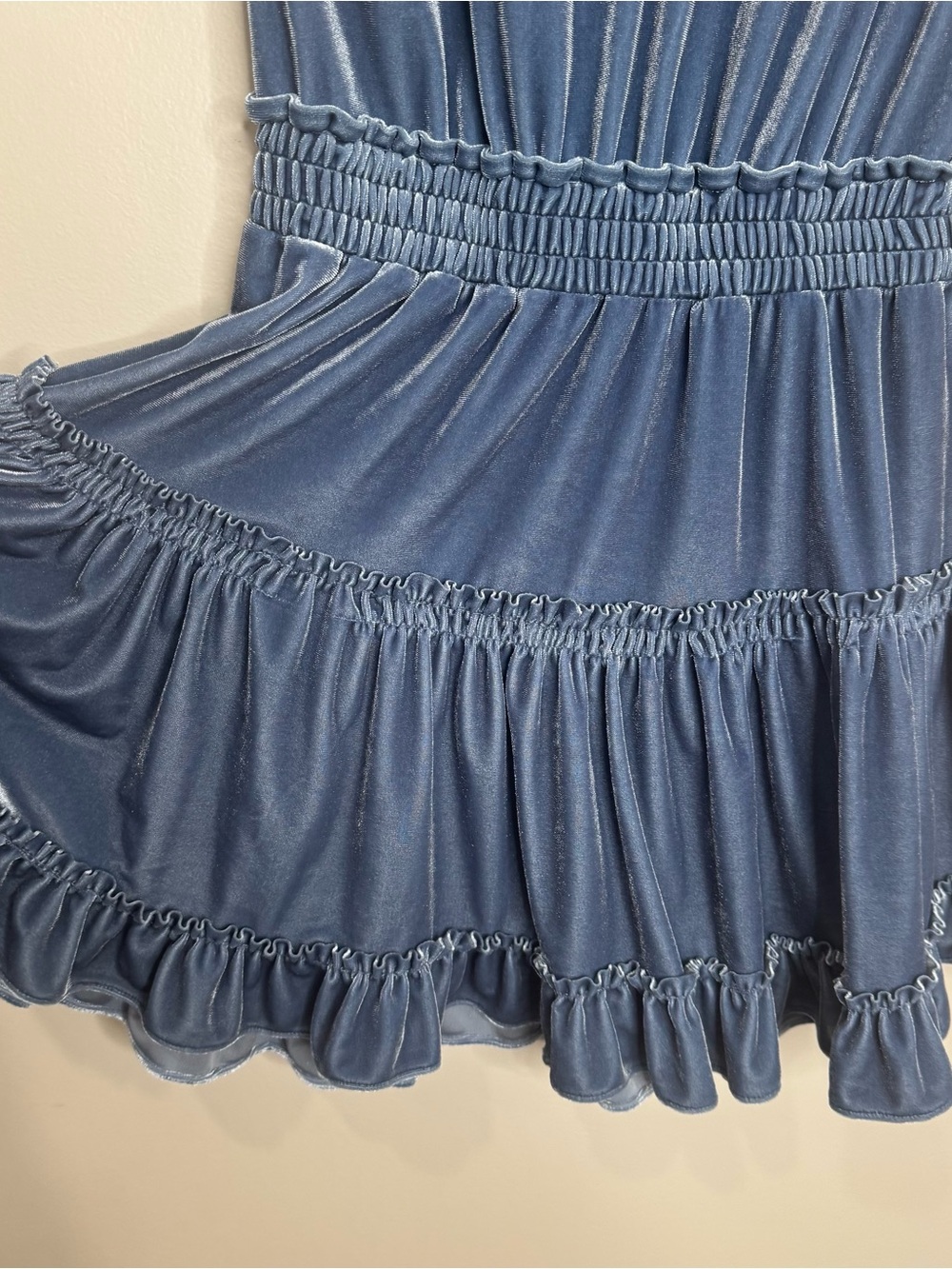 MISA Blue Velvet Tiered Short Flutter Sleeve Boho Mini Dress Medium Tie Neck - Picture 6 of 13